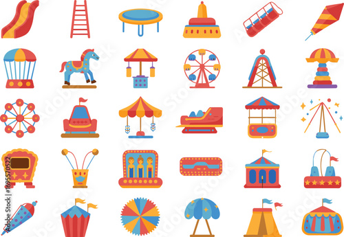 Colorful amusement park icons set, carnival fair vector elements, funfair ride illustrations, circus tent, swing, game booth, flat design