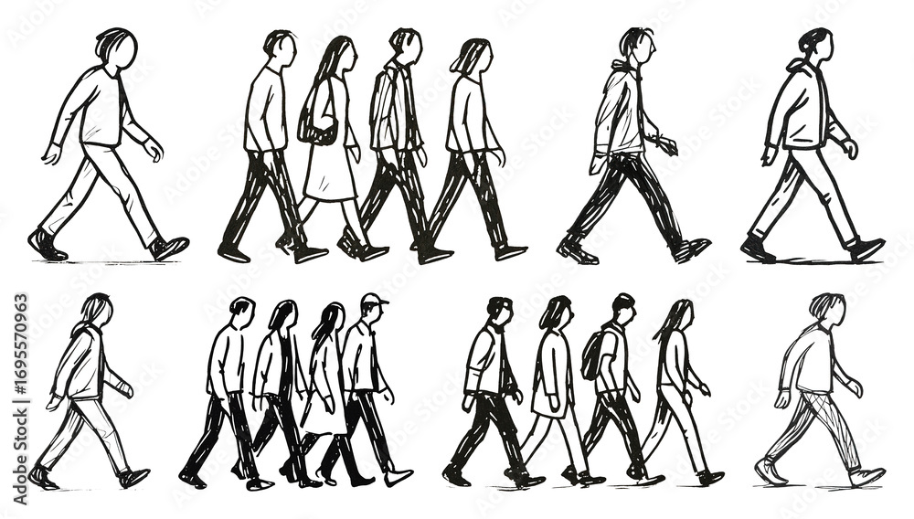 Obraz premium PNG Walking silhouettes diverse group, element set on transparent background