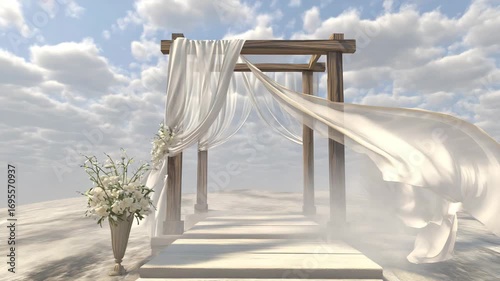 Outdoor wedding arch draped with flowing white fabric against a bright, cloudy sky