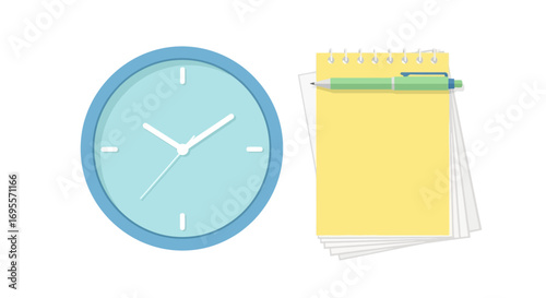 Clock with notepad and pen for time management and planning schedule effectively