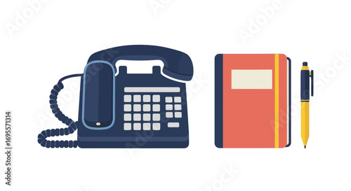 Stylized Office Communication Tools Depicting Vintage Telephone and Classic Stationery Set