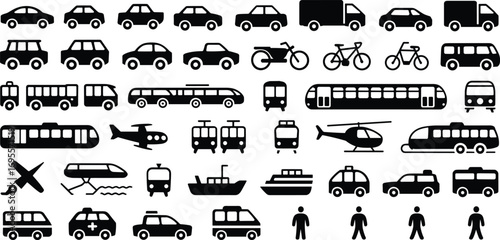 Transport icon set, vector silhouette vehicles collection, car, bus, train, airplane, bicycle, public transportation symbols, black glyph style