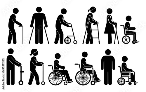 Diverse group of stick figures representing people with mobility aids and disabilities