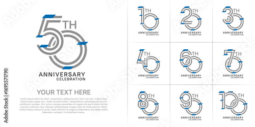 Anniversary set design with double line number. grey color with blue confetti for celebration event