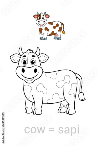 Cute cartoon cow illustration featuring both colored and black-and-white versions with English-Indonesian translation (cow = sapi). Ideal for educational materials, coloring books, bilingual learning,