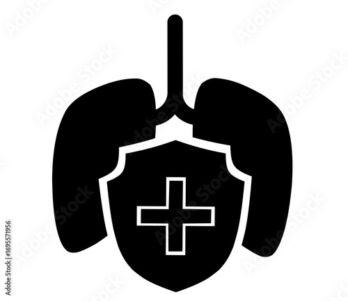 A black and white icon showing lungs protected by a shield with a medical cross, symbolizing respiratory health and protection. Ideal for medical content, healthcare apps, health education, and wellne