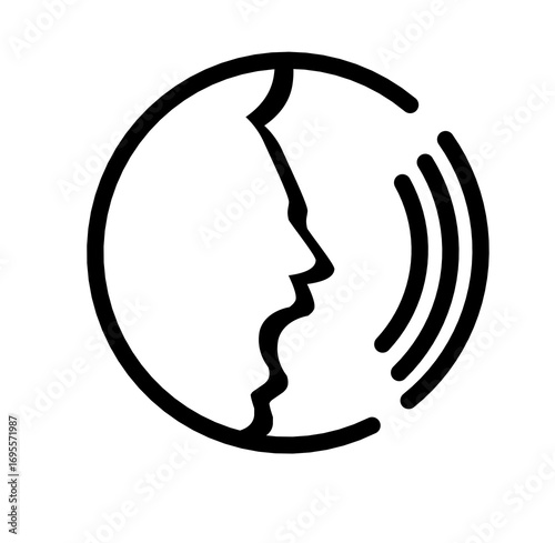 Vector icon of a human profile shouting with sound waves, designed in a minimal black and red style. Perfect for illustrating concepts of communication, voice command, podcast, announcement, alert, au