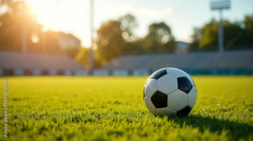 Obraz premium Classic Soccer Ball on Green Grass Field in Sunlight – Outdoor Sports Scene for Football Practice or Match