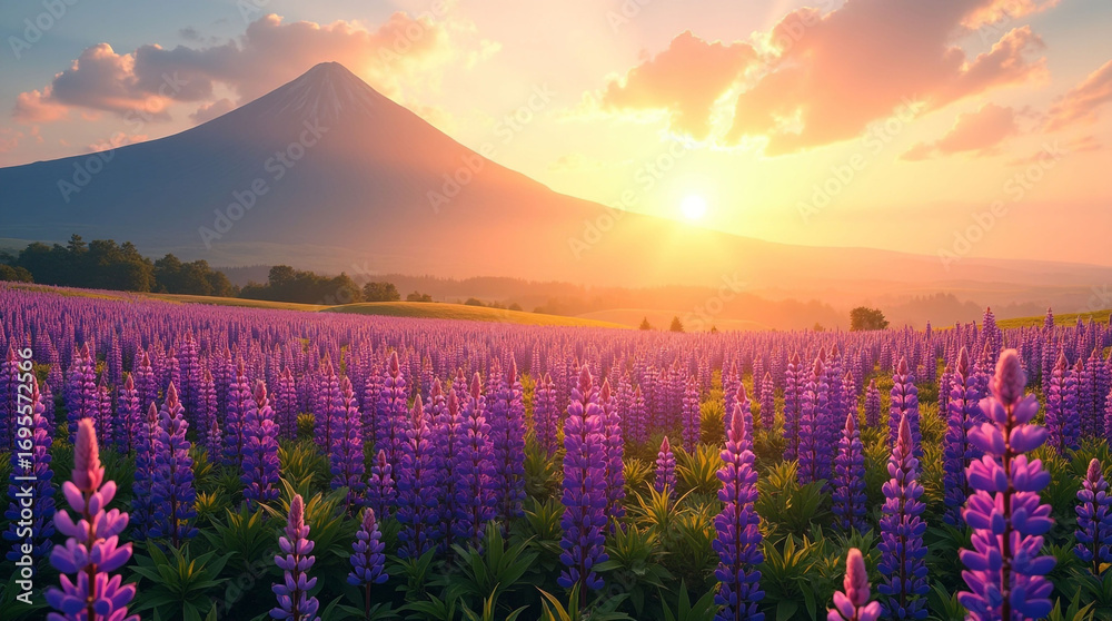 Obraz premium Beautiful sunrise over mountain with purple lupine flower field, scenic nature landscape with colorful flowers and sunlight view 