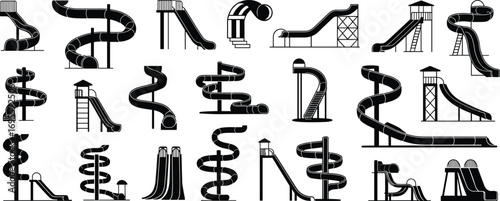 Water slide icon set, amusement park silhouette slides, tube and spiral playground elements, black isolated vector design for summer fun