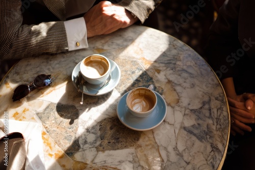 Business travelers pausing at a stylish café table, coffee art adds charm to the moment, the mood feels relaxed and pleasant, Generative AI