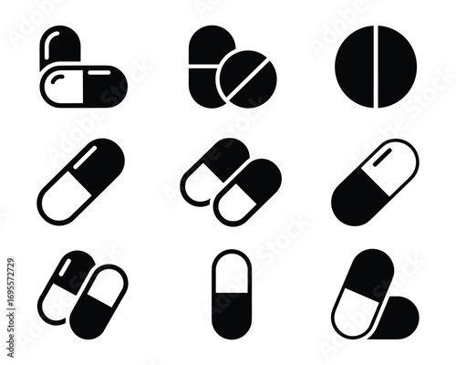 Collection of Black Medical Pill and Capsule Icons on White Keywords: pills, capsules, medicine