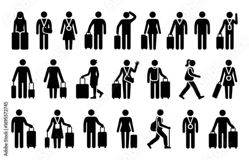 Diverse stick figures with luggage, representing travelers and tourists
