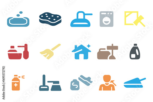 House cleaning icon set. Containing washing, broom, soap, maid, laundry, home cleaning, sponge, vacuum cleaner, mop and more. Solid vector icons collection. 