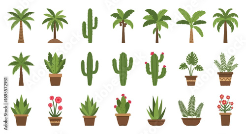 Collection of flat vector plant icons featuring tropical trees, desert cactus, and ornamental plants, eco-friendly concept, clean design, isolated on white background