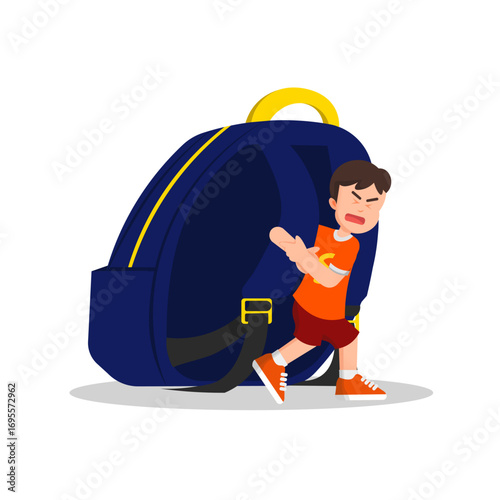 Cute boy struggles to pull an oversized school bag