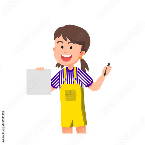 A little girl holds a pencil and a blank sheet of paper