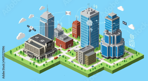 Flat isometric illustration of smart city with autonomous vehicles, drones delivering packages, connected traffic lights, and high-rise buildings equipped with wireless networks, isolated on white