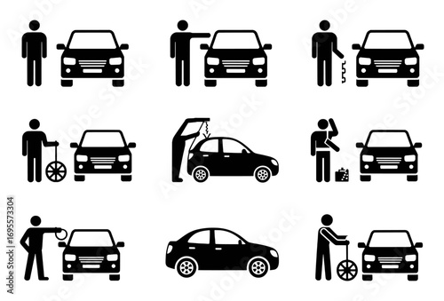 Icon Set: People Interacting with Cars and Vehicles