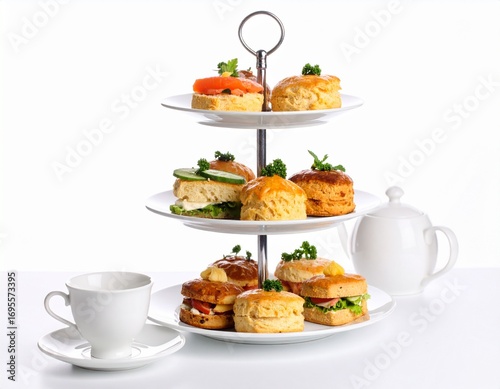 Elegant afternoon tea spread with a three-tiered stand of scones, sandwiches, and pastries, alongside a teacup and teapot.