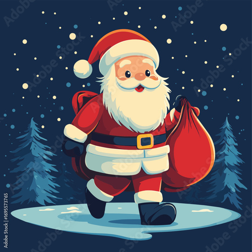 Santa Claus carries a huge bag. Empty space for your New Year advertising. Selling holiday gifts to customers. , vector style simple color