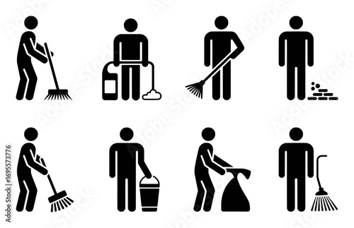 Icon Set: People Performing Various Cleaning and Maintenance Tasks