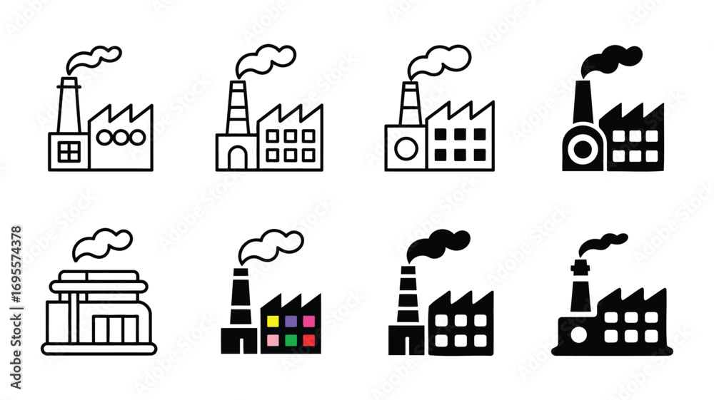Fototapeta premium Vector art of set of factory and industrial building icons collection of manufacturing plant symbols and signs in vector format