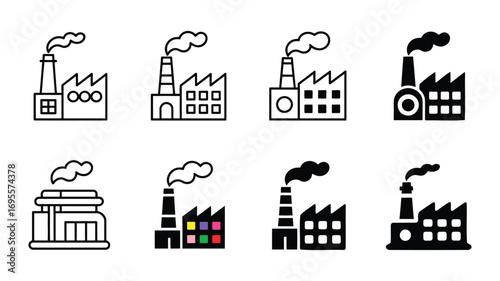 Vector art of set of factory and industrial building icons collection of manufacturing plant symbols and signs in vector format