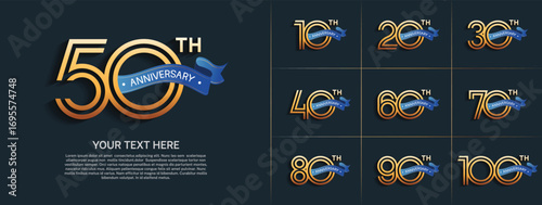 Anniversary logo set with double line number style. gold color with blue ribbon can be use for special moment
