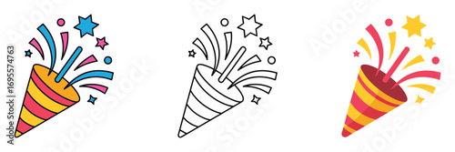 Party popper icons in color outline and filled versions on white Keywords: party, popper