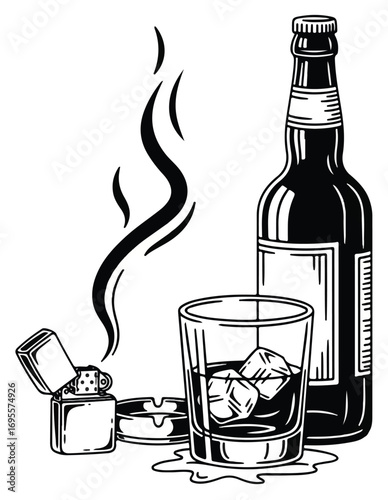 Black and white illustration of a bottle of liquor, a glass with ice, an ashtray, and a lit lighter with smoke.