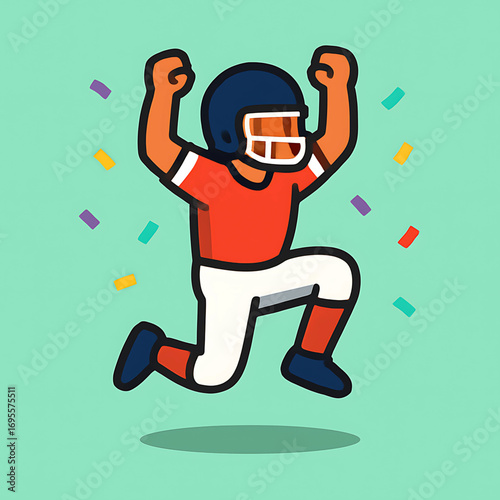 Joyful cartoon American football player in uniform celebrating a touchdown with confetti. A symbol of victory, success, and achievement in sports