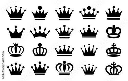 Collection of Black Silhouette Crown Icons on White Background
