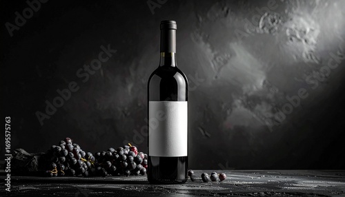 Luxury concept of a fine red wine bottle featuring a blank white label for branding, complemented by dark grapes in a refined, moody ambiance