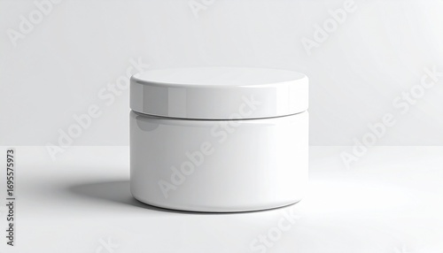 A clean and minimalist mockup of a blank white cosmetic cream jar with a lid, presented on a simple white background for product branding and packaging design