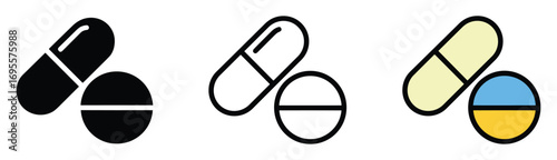 Three Styles of Pill and Capsule Icons on White Background Keywords: pills, capsules, medicine