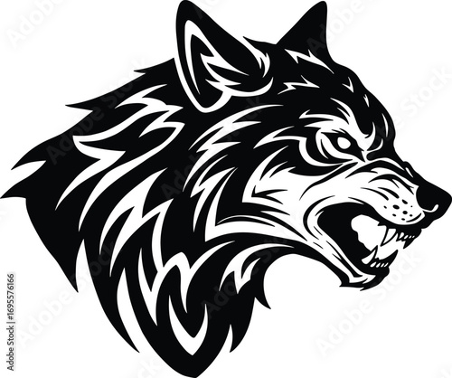 Aggressive wolf head tribal illustration, wild animal vector design with sharp teeth, fierce predator face artwork for tattoo and logo