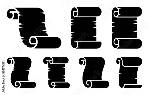 Collection of Black Silhouette Scroll Icons on White Background