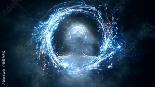 AI-guided breathwork session visualized with glowing pulse rings around user icy blue and misty whites