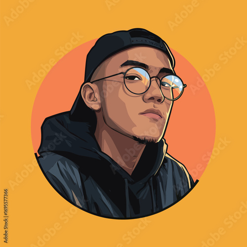 A young man wearing glasses and a cap poses confidently, showcasing a relaxed demeanor. The vibrant yellow background enhances his stylish look.