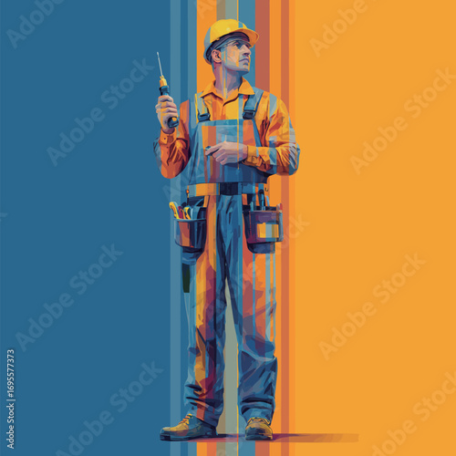 A construction worker, wearing bright orange overalls and a yellow hard hat, holds a drill while looking up.