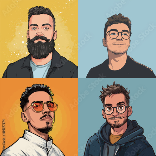 Four individuals with unique hairstyles and accessories are showcased in bright, colorful blocks. Each person has their own distinct style, reflecting modern trends.