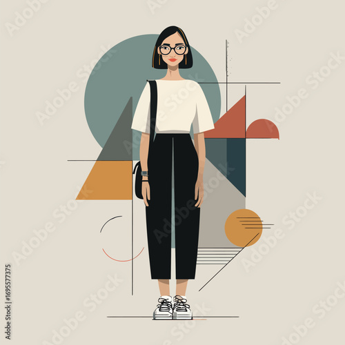 A confident woman with short hair and glasses poses in a casual outfit featuring wide-legged trousers and a simple top. She stands in front of an abstract backdrop.