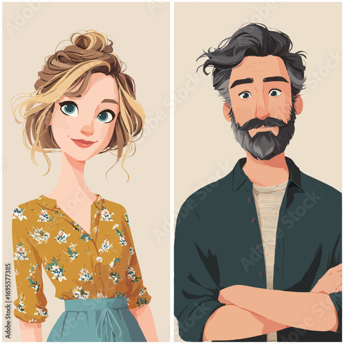 A young woman with curly hair wears a floral blouse, while a man with a beard dons a casual shirt. Both display friendly expressions, highlighting their personalities.