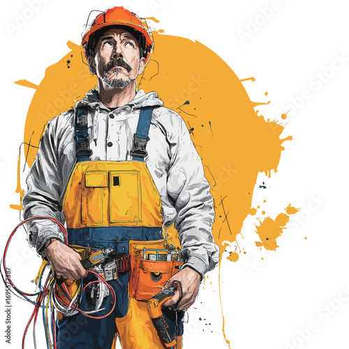A male worker stands with tools and wires, wearing a hard hat and colorful overalls. His determined expression shows professionalism and readiness for his task.