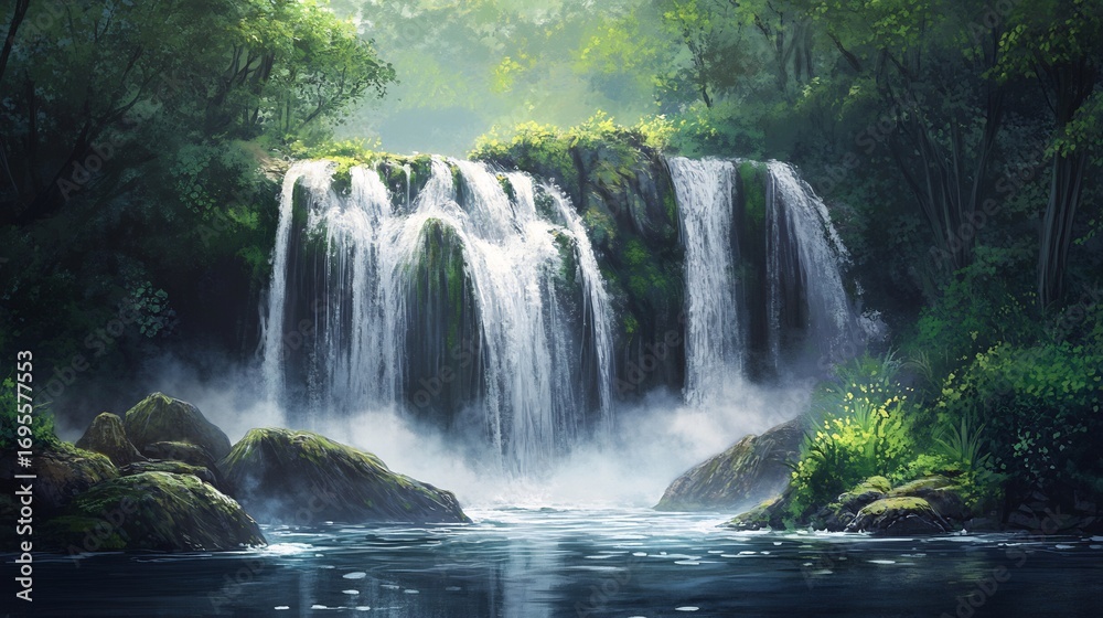 Fototapeta premium Serene Waterfall: Lush Forest, Cascading Water, Impressionistic Style