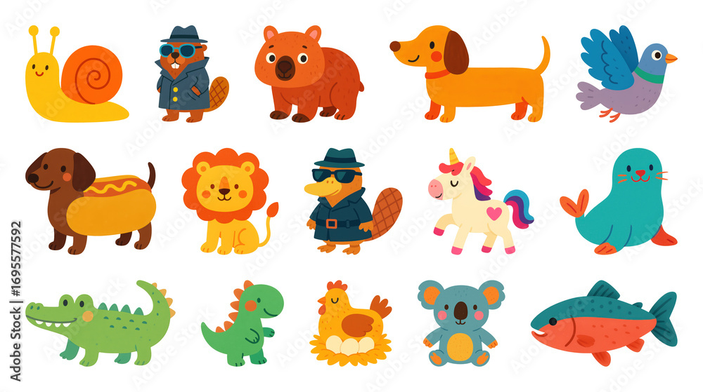 Obraz premium PNG Colorful cartoon animal illustrations, element set on transparent background