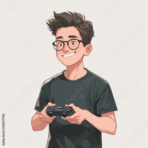 A boy with glasses enjoys his gaming time, holding a video game controller and smiling widely. He looks excited and engaged in his favorite pastime.