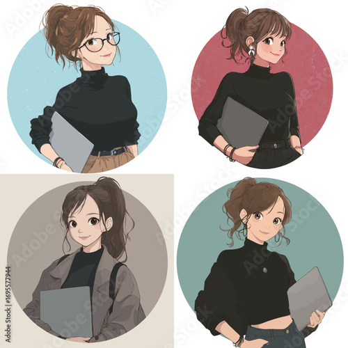 A young woman poses confidently in various stylish outfits, holding a laptop. Different backgrounds showcase her versatile fashion sense and creative personality.