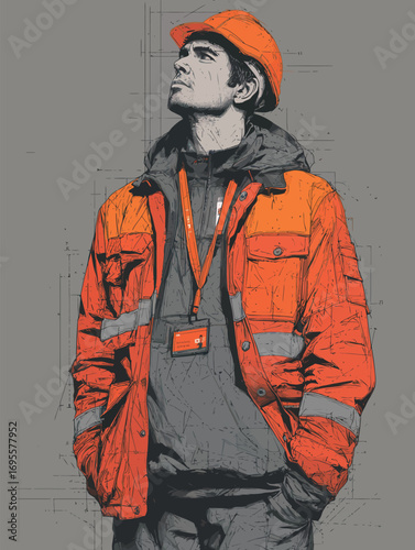 A construction worker dressed in bright orange safety gear stands confidently, looking upwards. The workers posture suggests focus and determination while at an outdoor site.